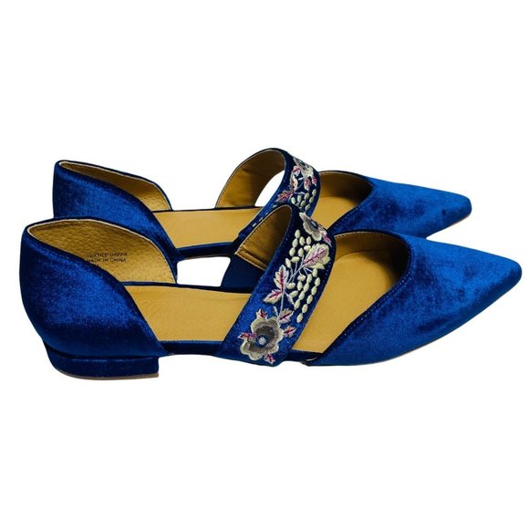 Anthropologie Bettye Muller 6.5 Blue Embroidered Floral Velvet Jamison Flats - Picture 3 of 7